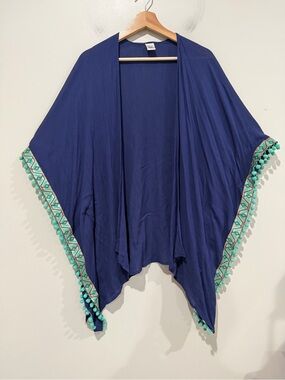 Navy Blue Boho Kimono Beach Cover-Up with Turquoise Pom Pom Trim One Size
